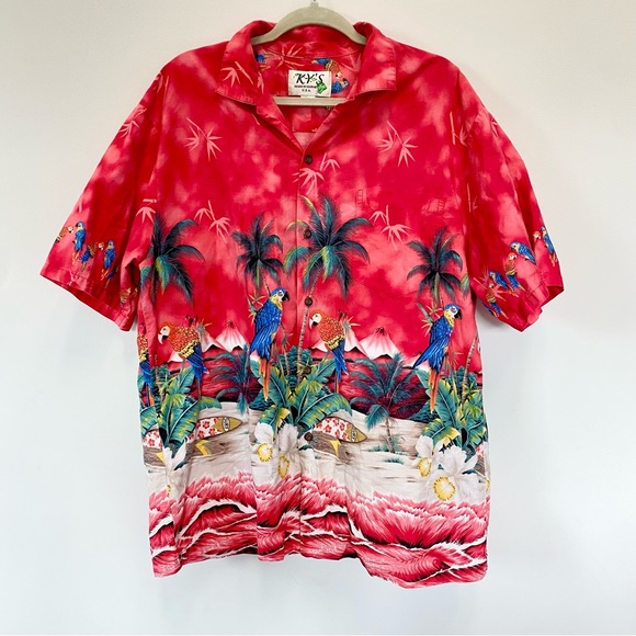 Vintage Ky’s Men’s Red Hawaiian Shirt Parrots Surfboards Buttondown - Picture 2 of 11